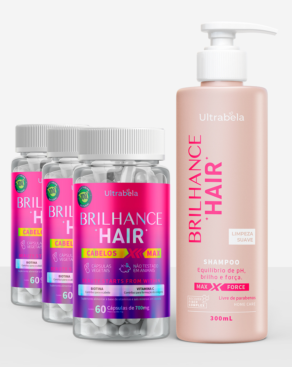 Kit 3 Unidades Brilhance Hair e 1 Shampoo + FRETE GRÁTIS BRASIL